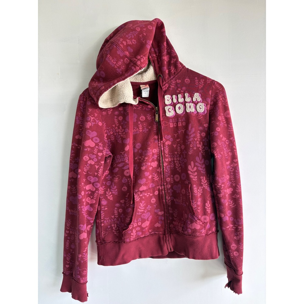 Vintage Billabong Womens Maroon Floral Y2K Sherpa Lined Full Zip Hoodie Size L